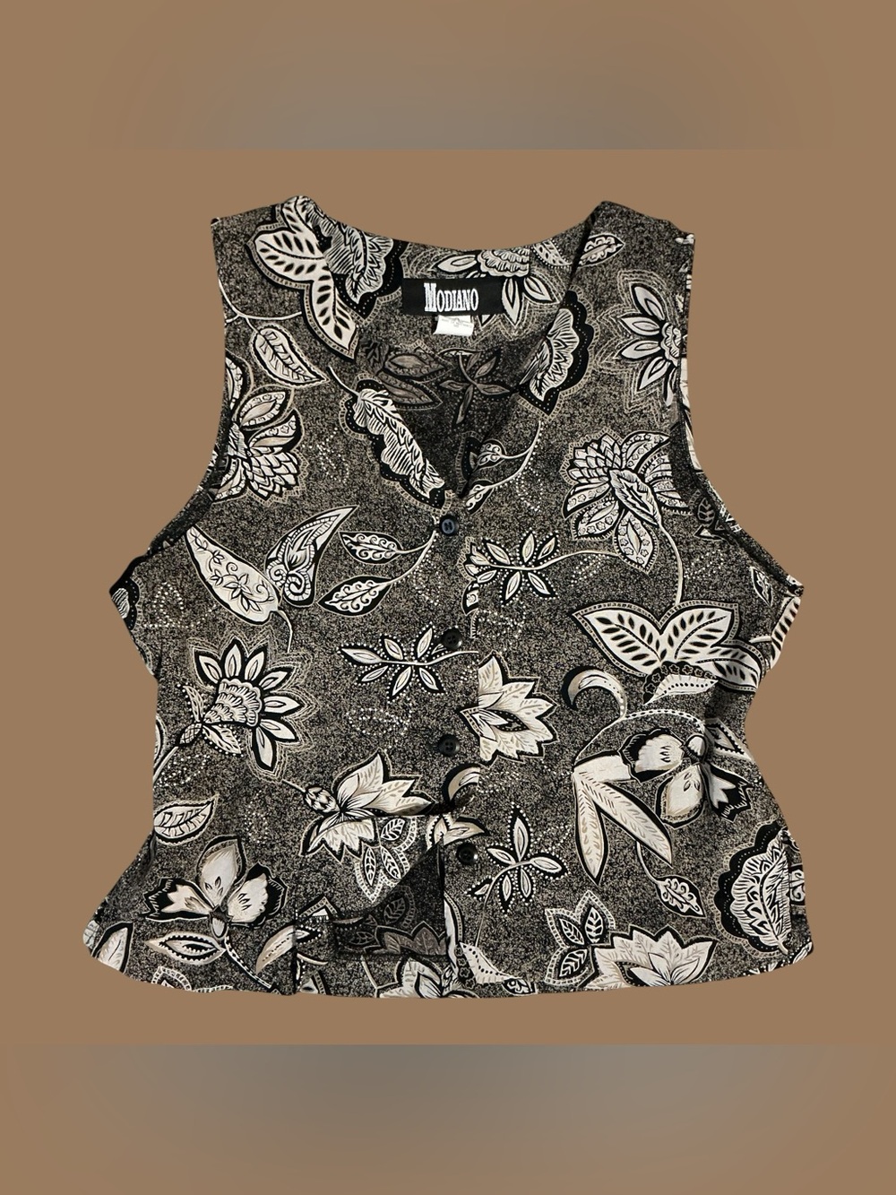 Vintage Modino Black Beige Floral Rayon Tank Large
